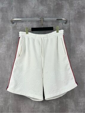 🚩steal Gucci White Embossed GG Track Shorts with Red Side Stripe
